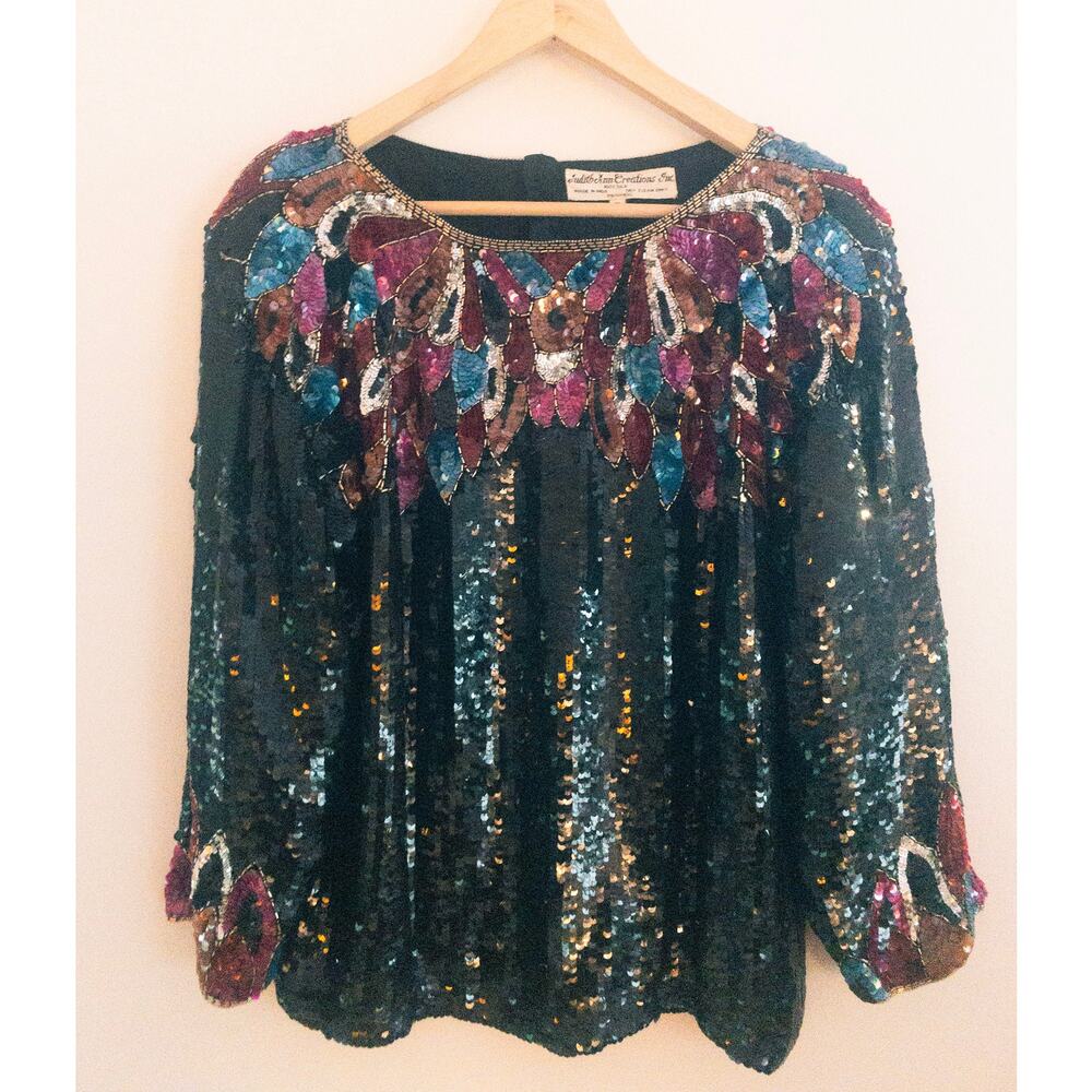 Vintage Judith Ann Creations 1980s Silk Sequin Long Sleeve Disco Blouse Small